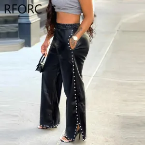 2023 Women Chic Pu Leather Elastic Waist Rivet Side Decoration Small Silt Straight Leg Pants
