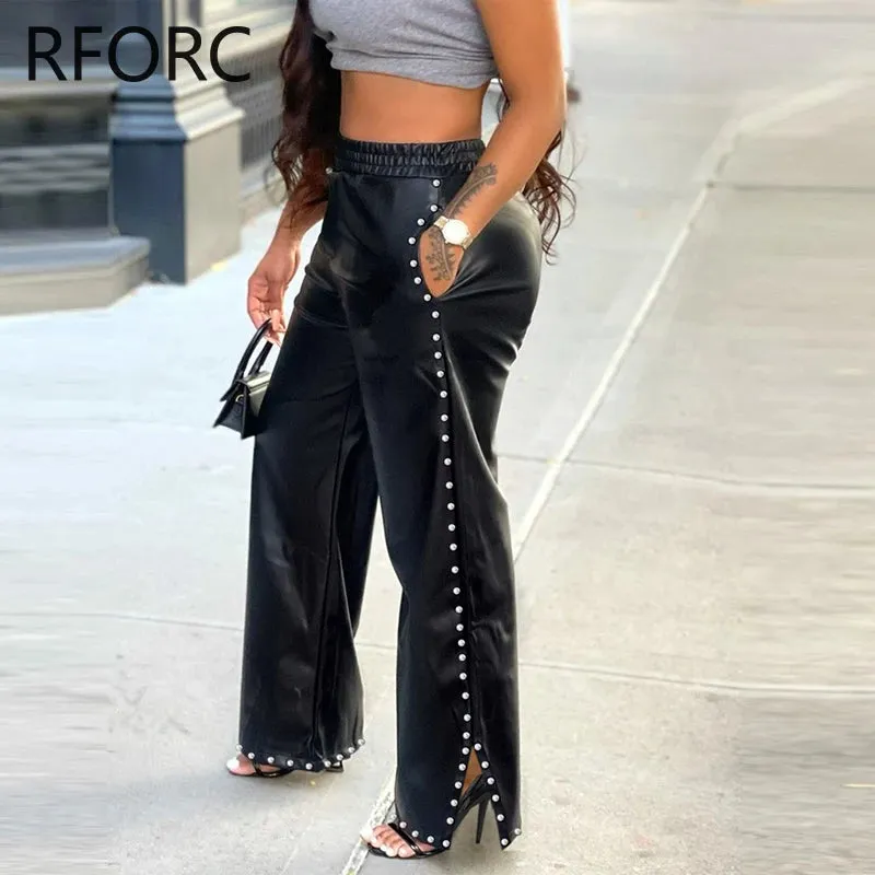 2023 Women Chic Pu Leather Elastic Waist Rivet Side Decoration Small Silt Straight Leg Pants