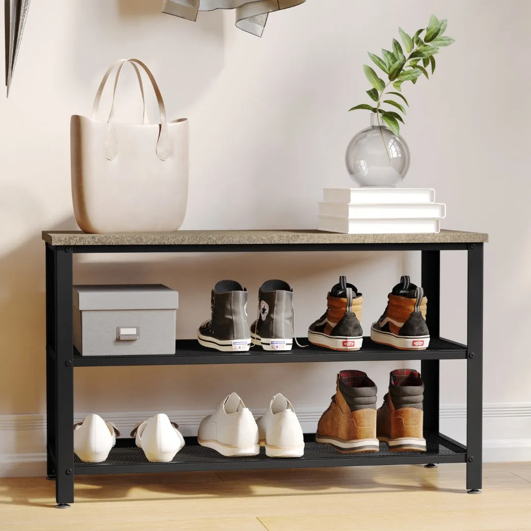 3-Tier Wooden Entryway Bench with Metal Mesh Shoe Storage Shelves for Entryway, Mudroom, or Bedroom in Weathered Wood with Black Metal Frame