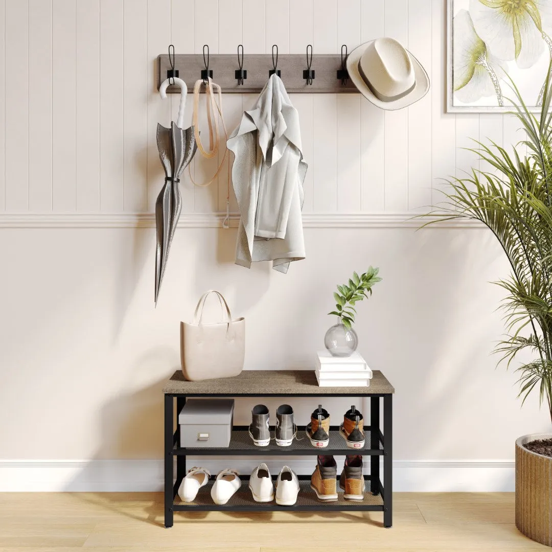 3-Tier Wooden Entryway Bench with Metal Mesh Shoe Storage Shelves for Entryway, Mudroom, or Bedroom in Weathered Wood with Black Metal Frame