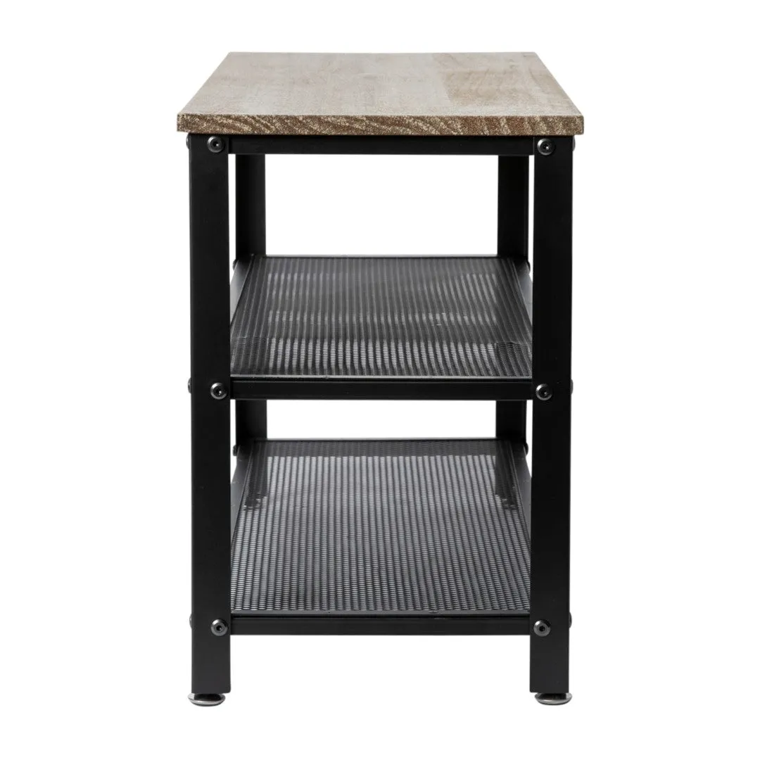 3-Tier Wooden Entryway Bench with Metal Mesh Shoe Storage Shelves for Entryway, Mudroom, or Bedroom in Weathered Wood with Black Metal Frame