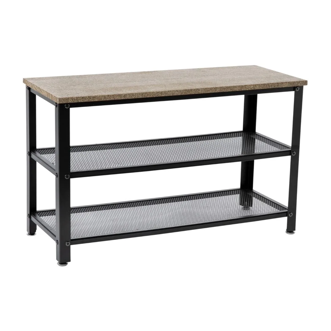 3-Tier Wooden Entryway Bench with Metal Mesh Shoe Storage Shelves for Entryway, Mudroom, or Bedroom in Weathered Wood with Black Metal Frame