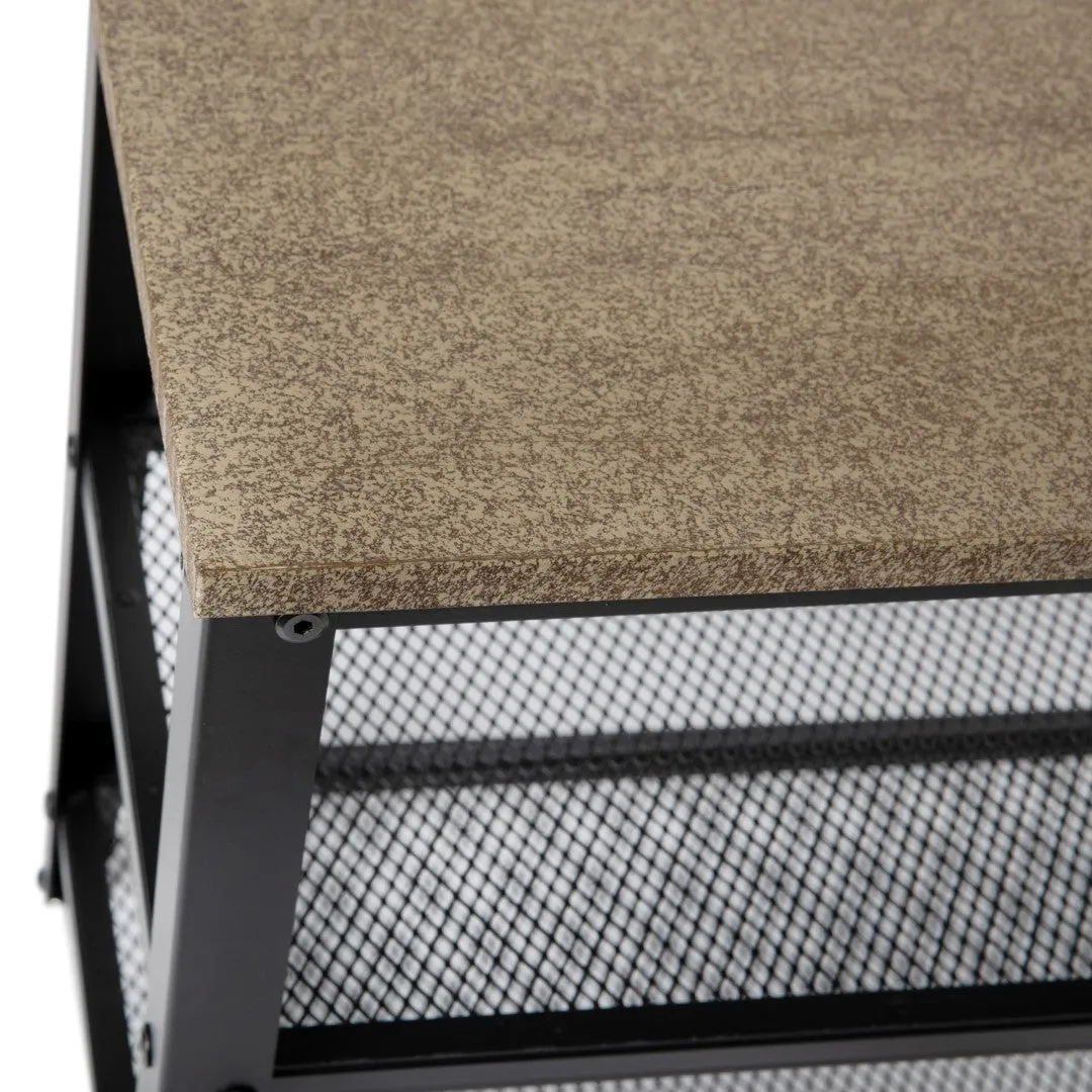 3-Tier Wooden Entryway Bench with Metal Mesh Shoe Storage Shelves for Entryway, Mudroom, or Bedroom in Weathered Wood with Black Metal Frame