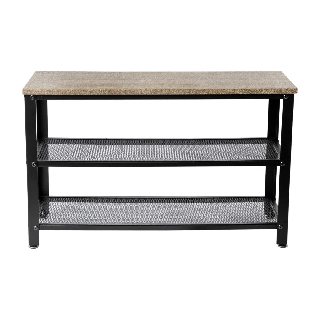 3-Tier Wooden Entryway Bench with Metal Mesh Shoe Storage Shelves for Entryway, Mudroom, or Bedroom in Weathered Wood with Black Metal Frame