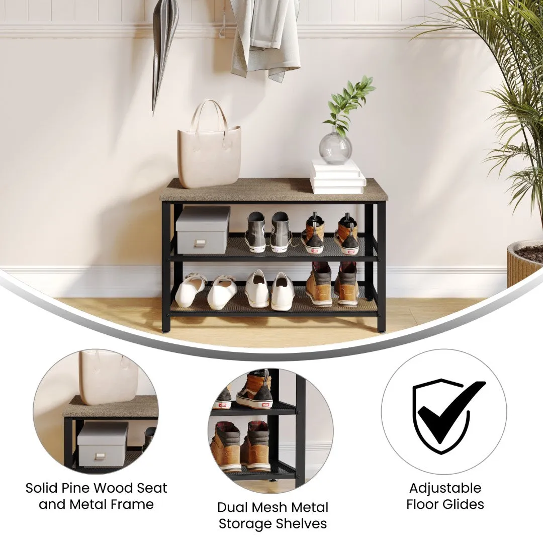 3-Tier Wooden Entryway Bench with Metal Mesh Shoe Storage Shelves for Entryway, Mudroom, or Bedroom in Weathered Wood with Black Metal Frame
