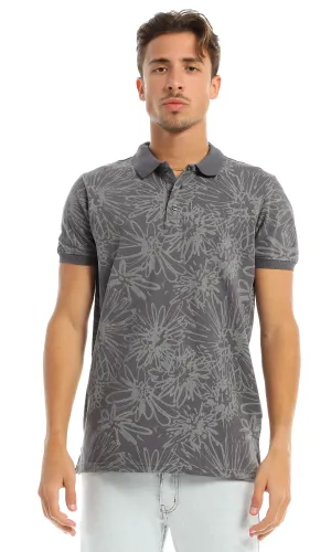 97565 Self Patterned Casual Buttoned Dark Grey Polo Shirt