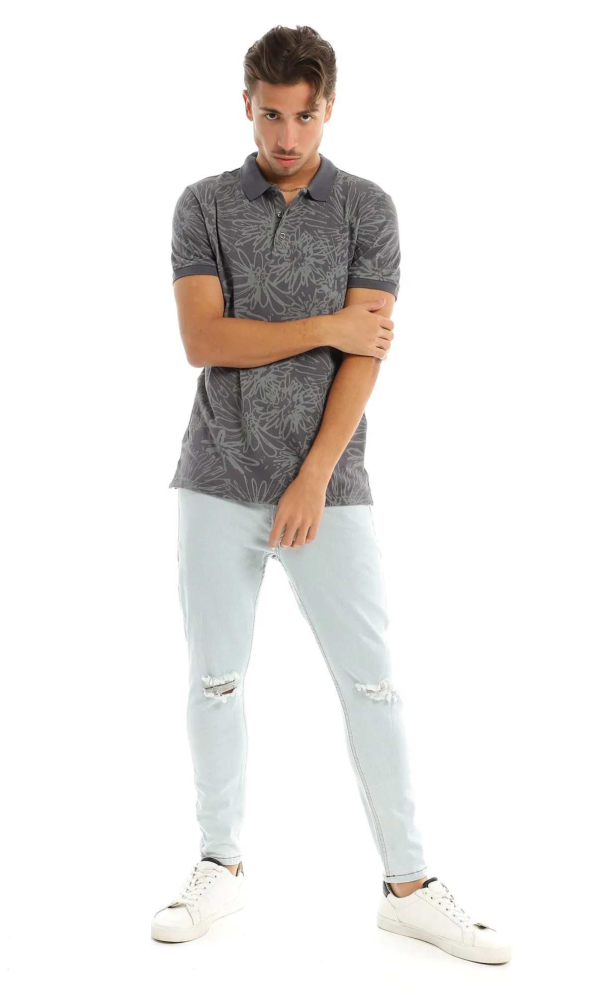 97565 Self Patterned Casual Buttoned Dark Grey Polo Shirt