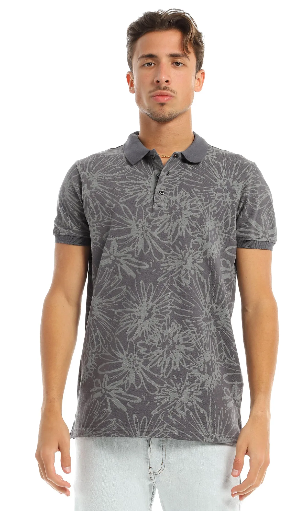97565 Self Patterned Casual Buttoned Dark Grey Polo Shirt