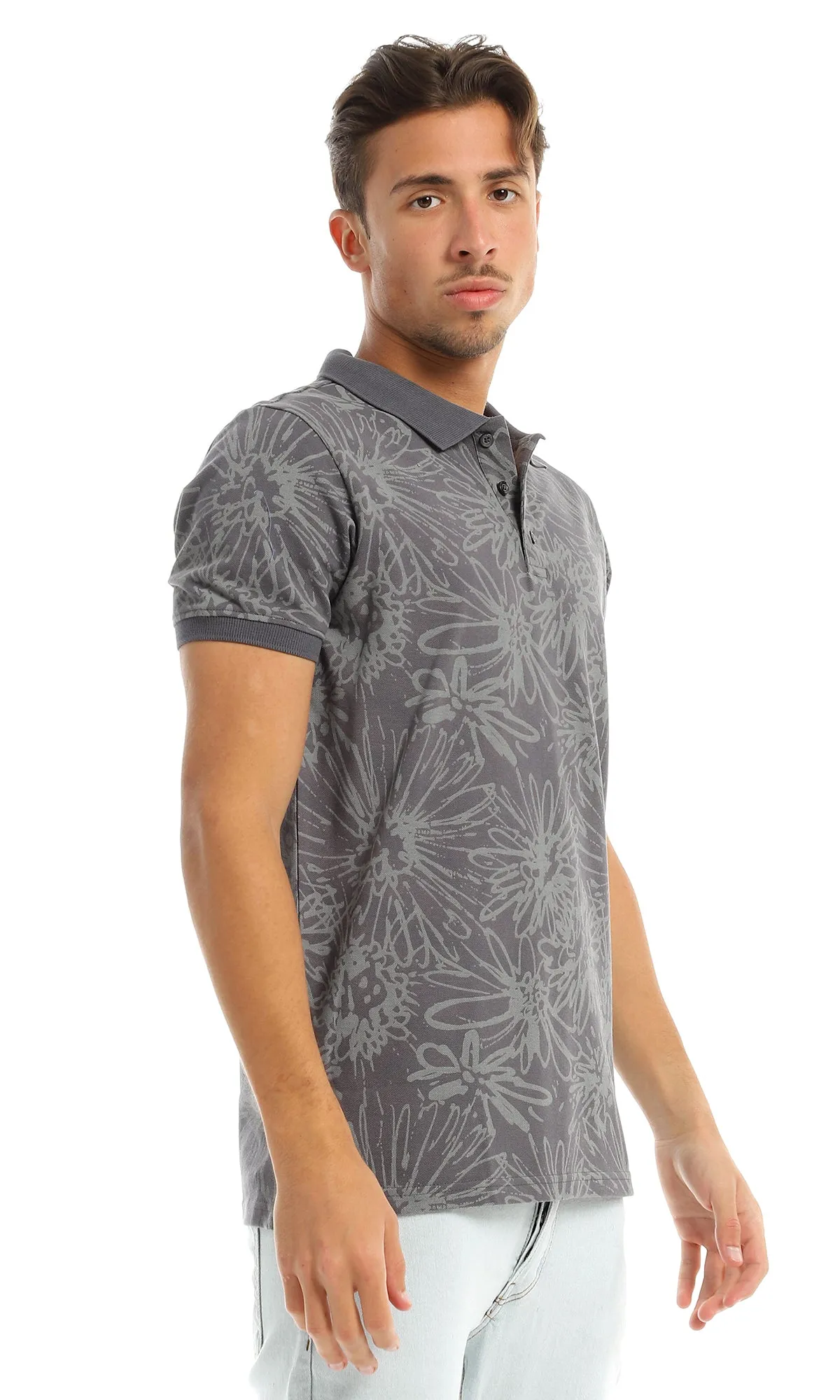 97565 Self Patterned Casual Buttoned Dark Grey Polo Shirt