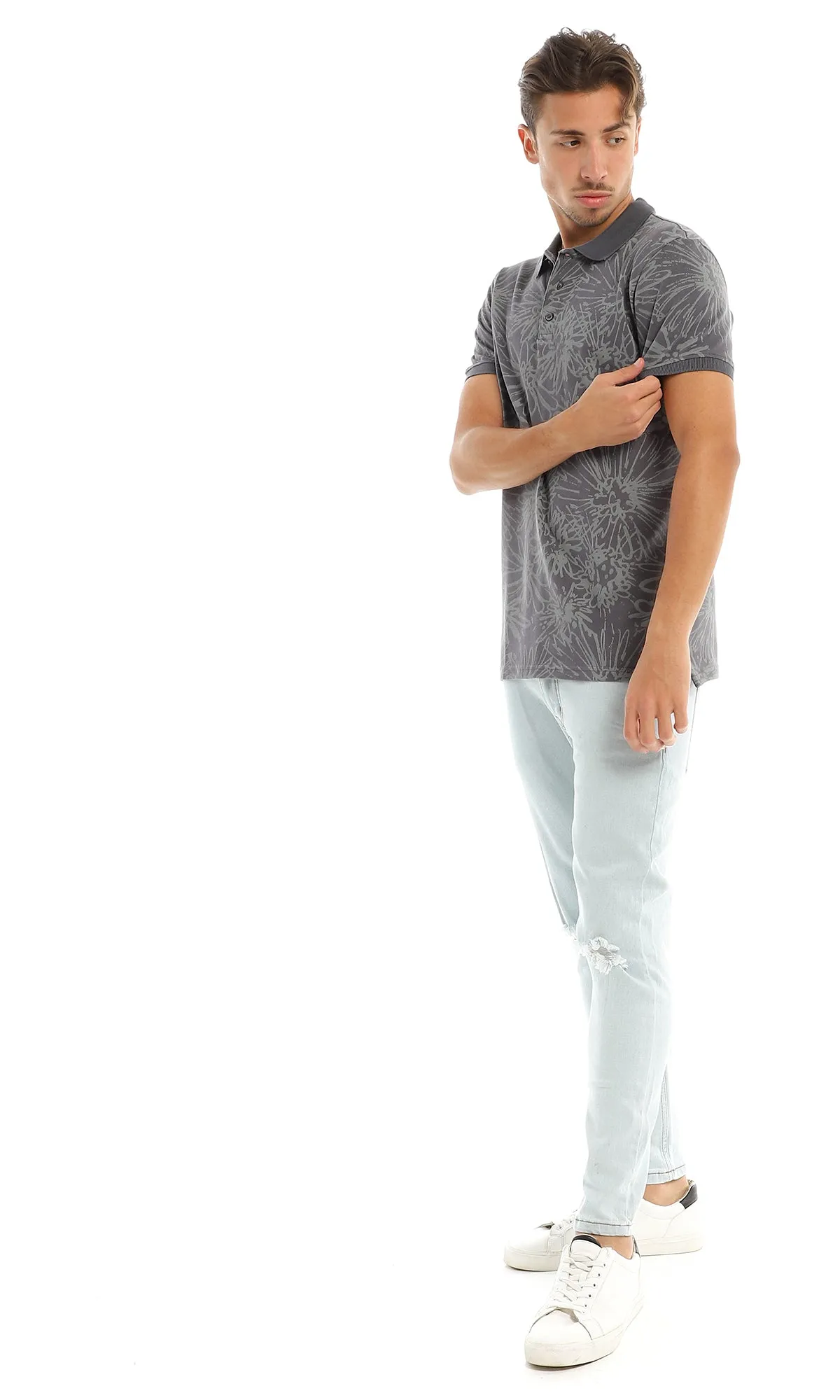 97565 Self Patterned Casual Buttoned Dark Grey Polo Shirt