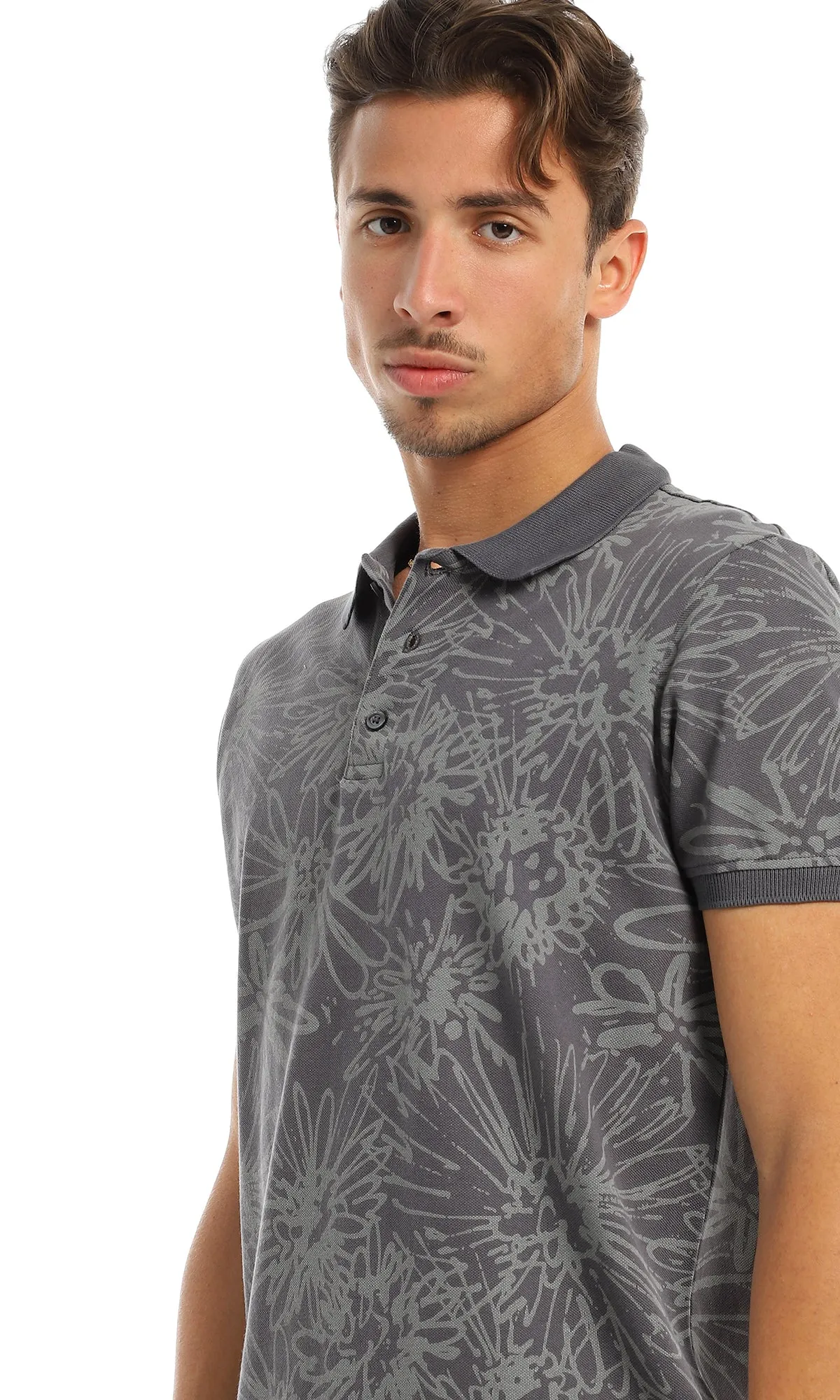 97565 Self Patterned Casual Buttoned Dark Grey Polo Shirt