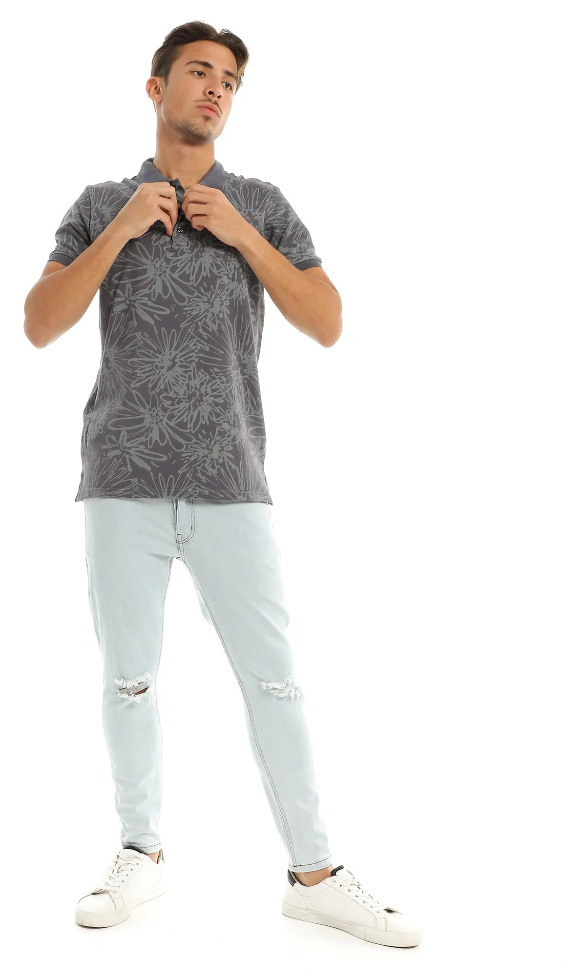 97565 Self Patterned Casual Buttoned Dark Grey Polo Shirt