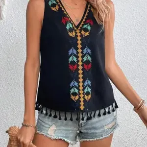A Stitch In Time Black Boho Embroidered Tank Top