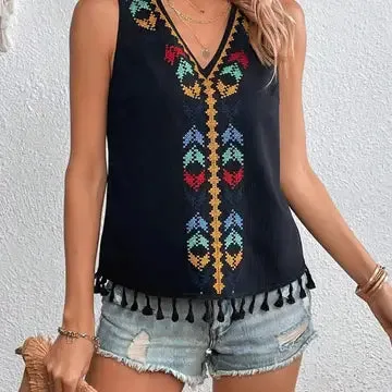 A Stitch In Time Black Boho Embroidered Tank Top