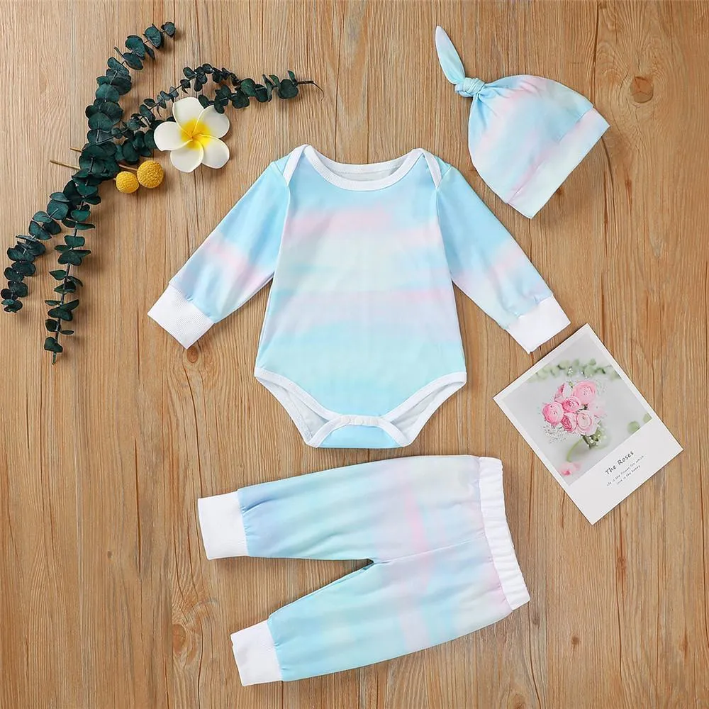 Baby Unisex Long Sleeve Tie-dye Romper & Pants & Hat
