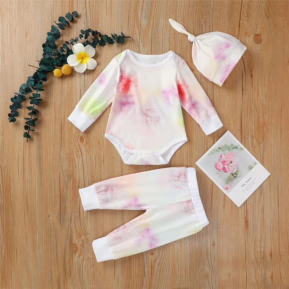Baby Unisex Long Sleeve Tie-dye Romper & Pants & Hat