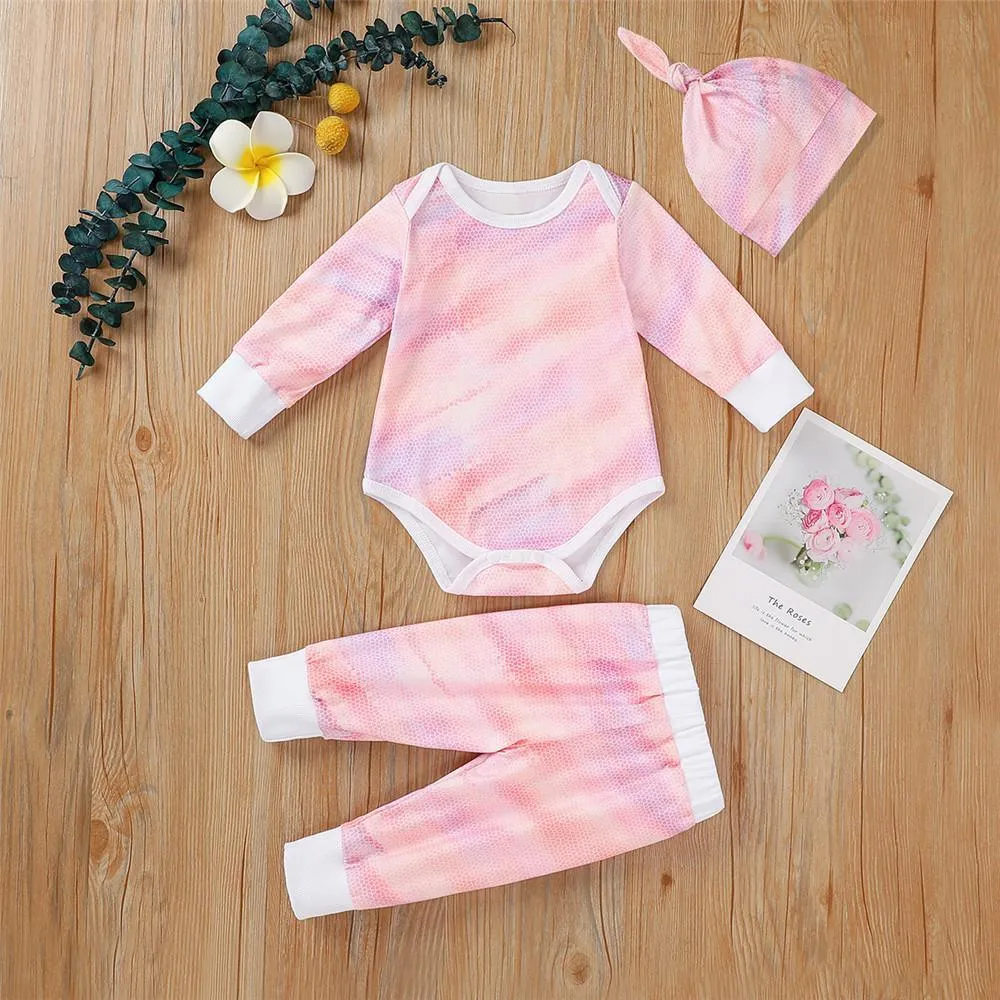 Baby Unisex Long Sleeve Tie-dye Romper & Pants & Hat