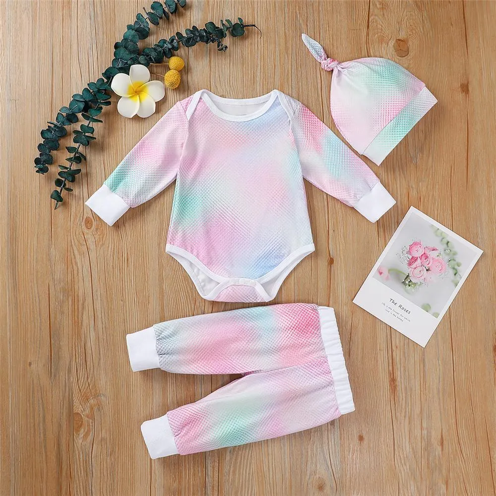 Baby Unisex Long Sleeve Tie-dye Romper & Pants & Hat