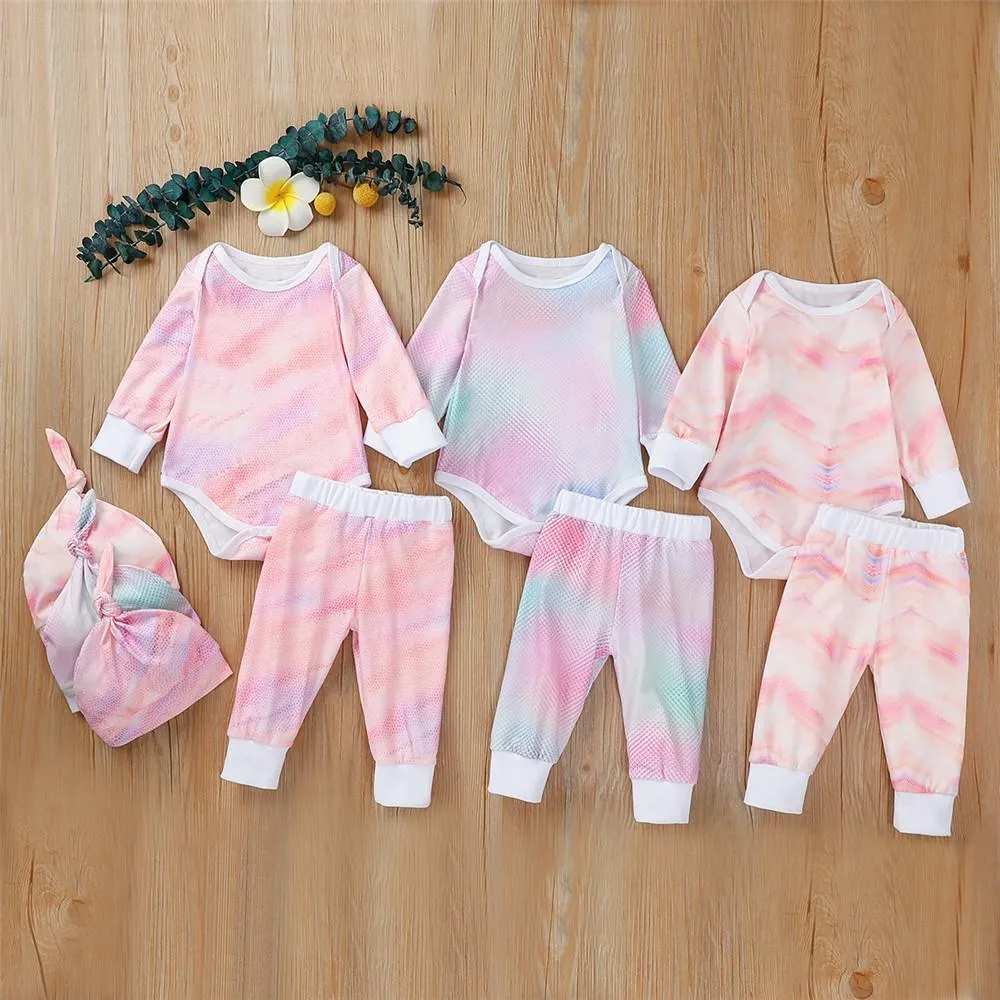 Baby Unisex Long Sleeve Tie-dye Romper & Pants & Hat