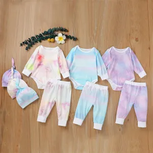 Baby Unisex Long Sleeve Tie-dye Romper & Pants & Hat