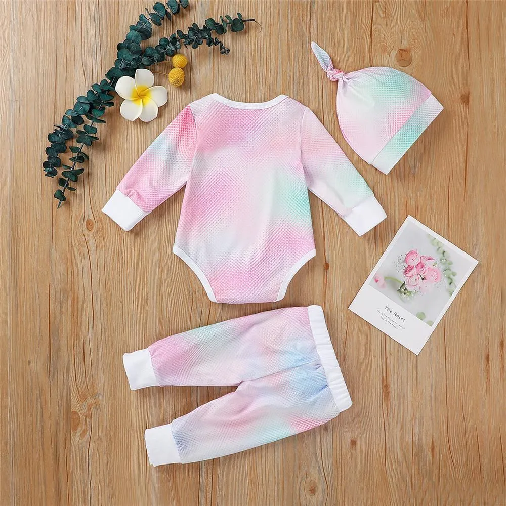 Baby Unisex Long Sleeve Tie-dye Romper & Pants & Hat