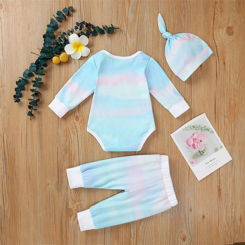 Baby Unisex Long Sleeve Tie-dye Romper & Pants & Hat