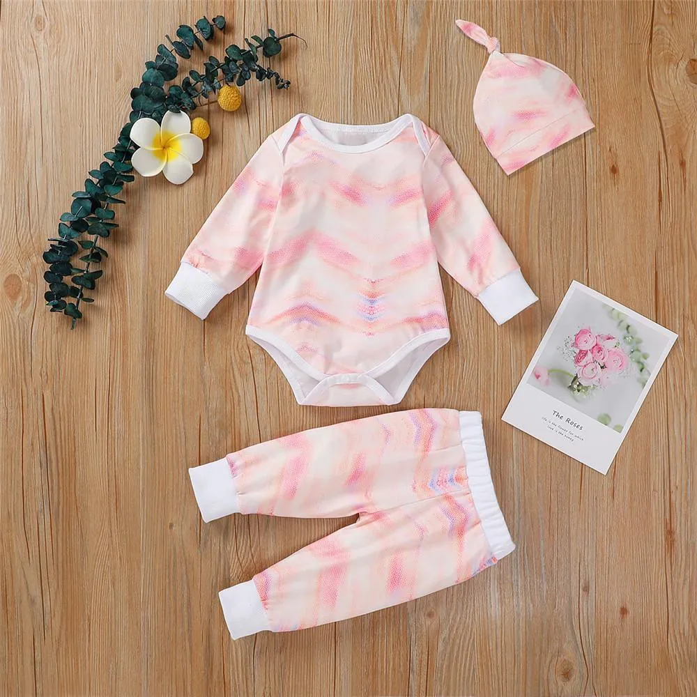 Baby Unisex Long Sleeve Tie-dye Romper & Pants & Hat