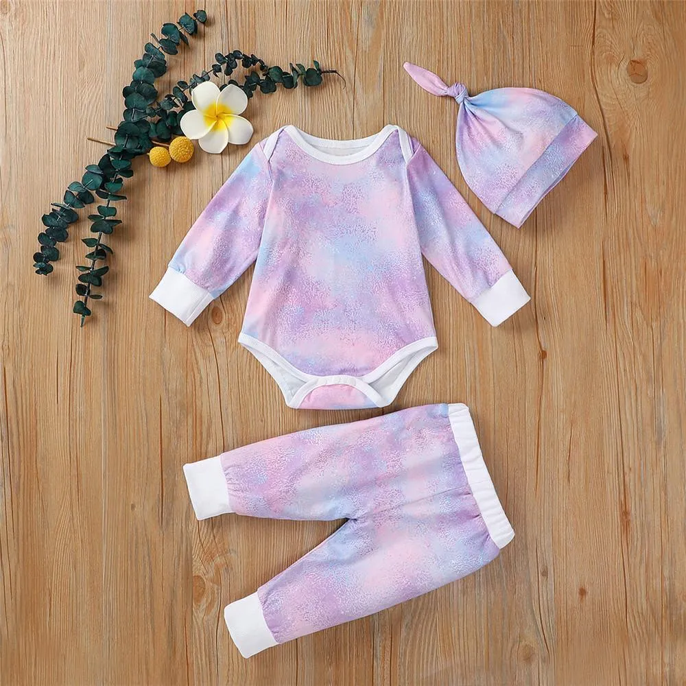 Baby Unisex Long Sleeve Tie-dye Romper & Pants & Hat