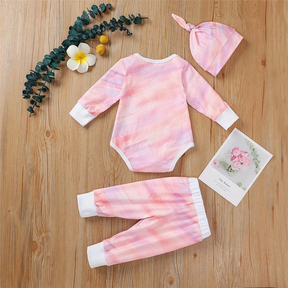 Baby Unisex Long Sleeve Tie-dye Romper & Pants & Hat
