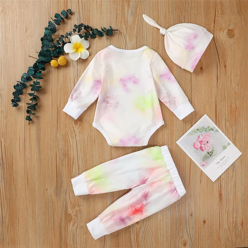 Baby Unisex Long Sleeve Tie-dye Romper & Pants & Hat