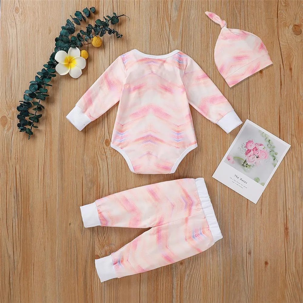 Baby Unisex Long Sleeve Tie-dye Romper & Pants & Hat