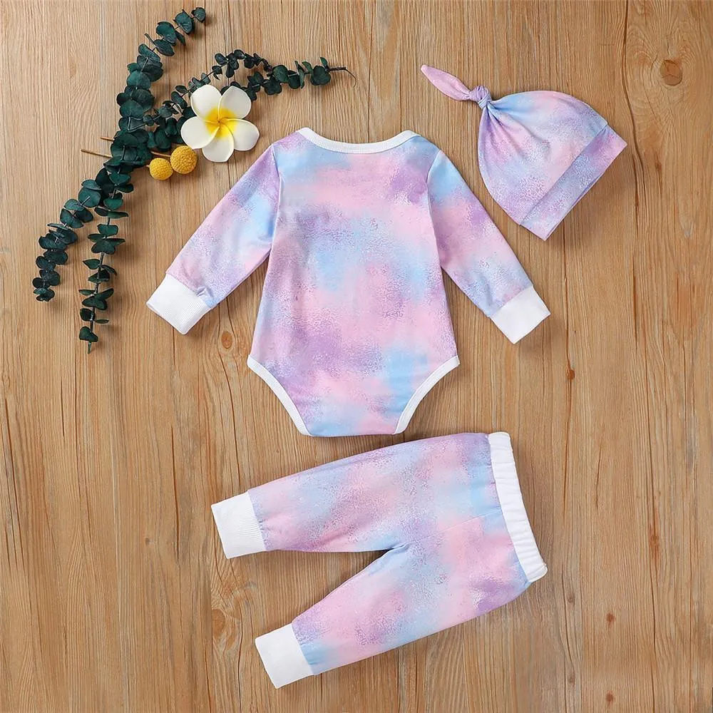 Baby Unisex Long Sleeve Tie-dye Romper & Pants & Hat