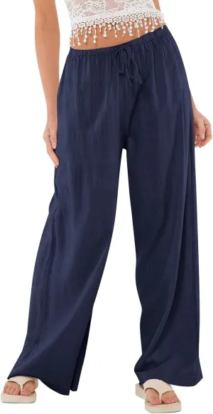 Baggy Wide Leg Linen Pants for Women Elastic High Waisted Pants Summer Beach Vacation Gauze Pants with Pockets