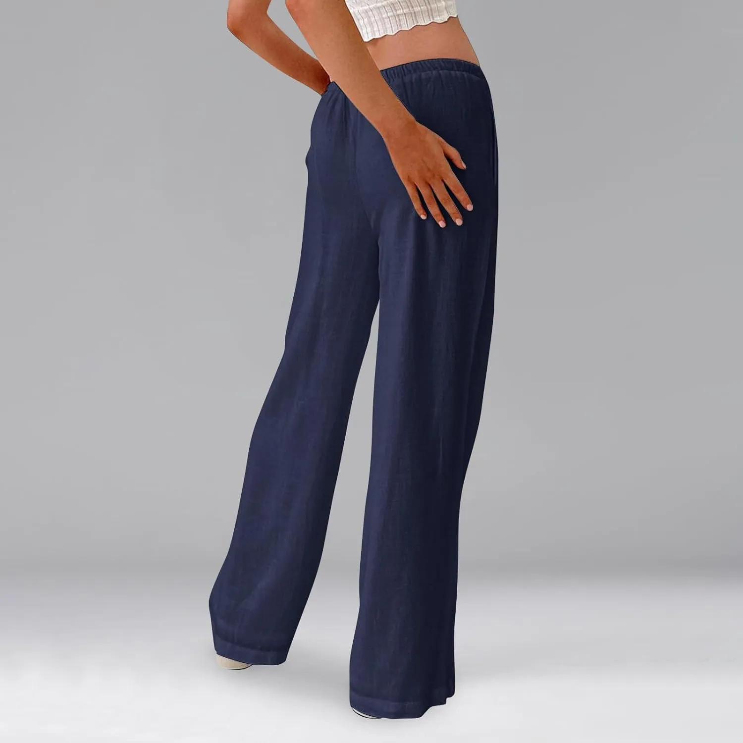 Baggy Wide Leg Linen Pants for Women Elastic High Waisted Pants Summer Beach Vacation Gauze Pants with Pockets