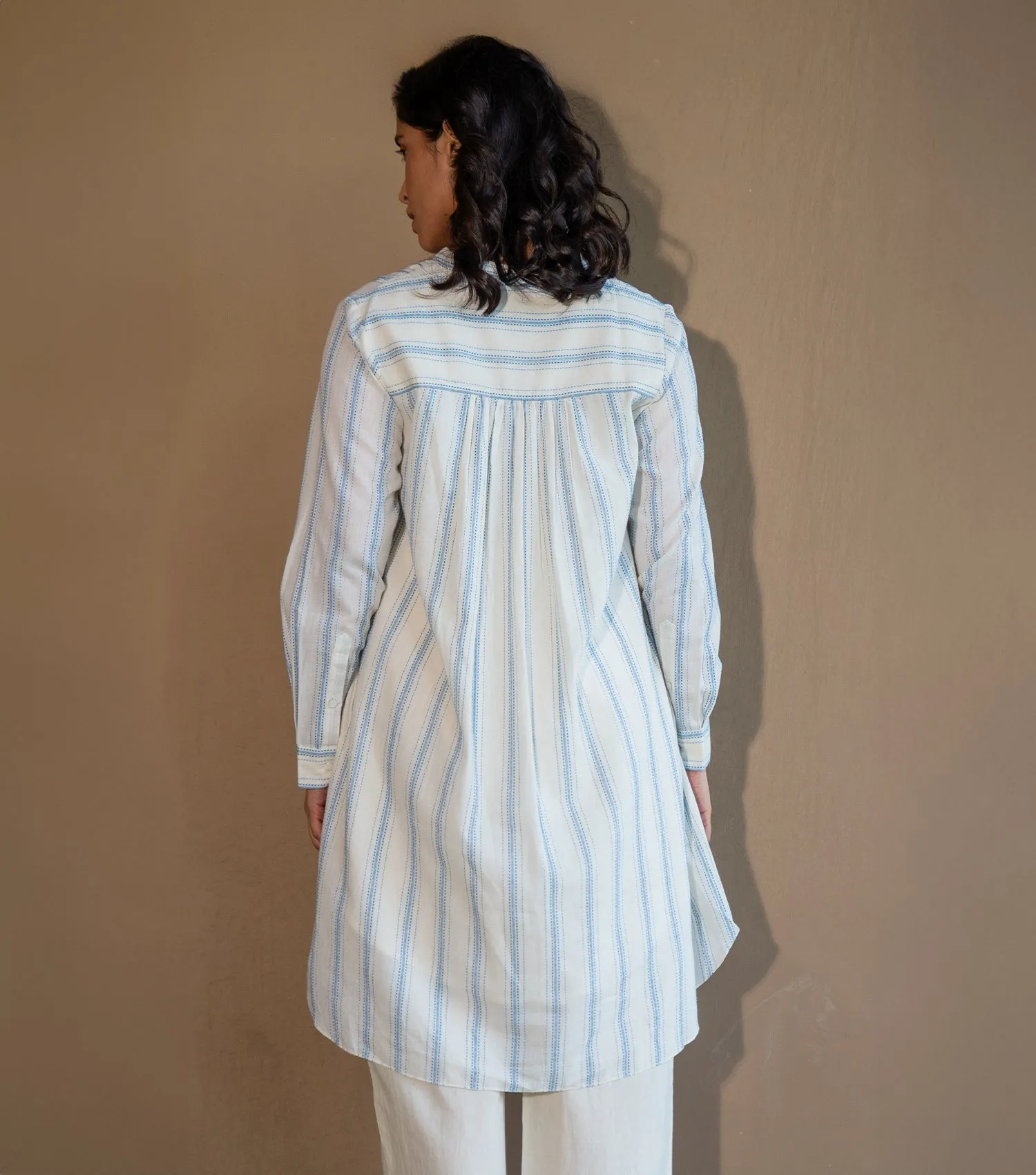 BLUE STRIPED WOVEN COTTON PINTUCK TUNIC