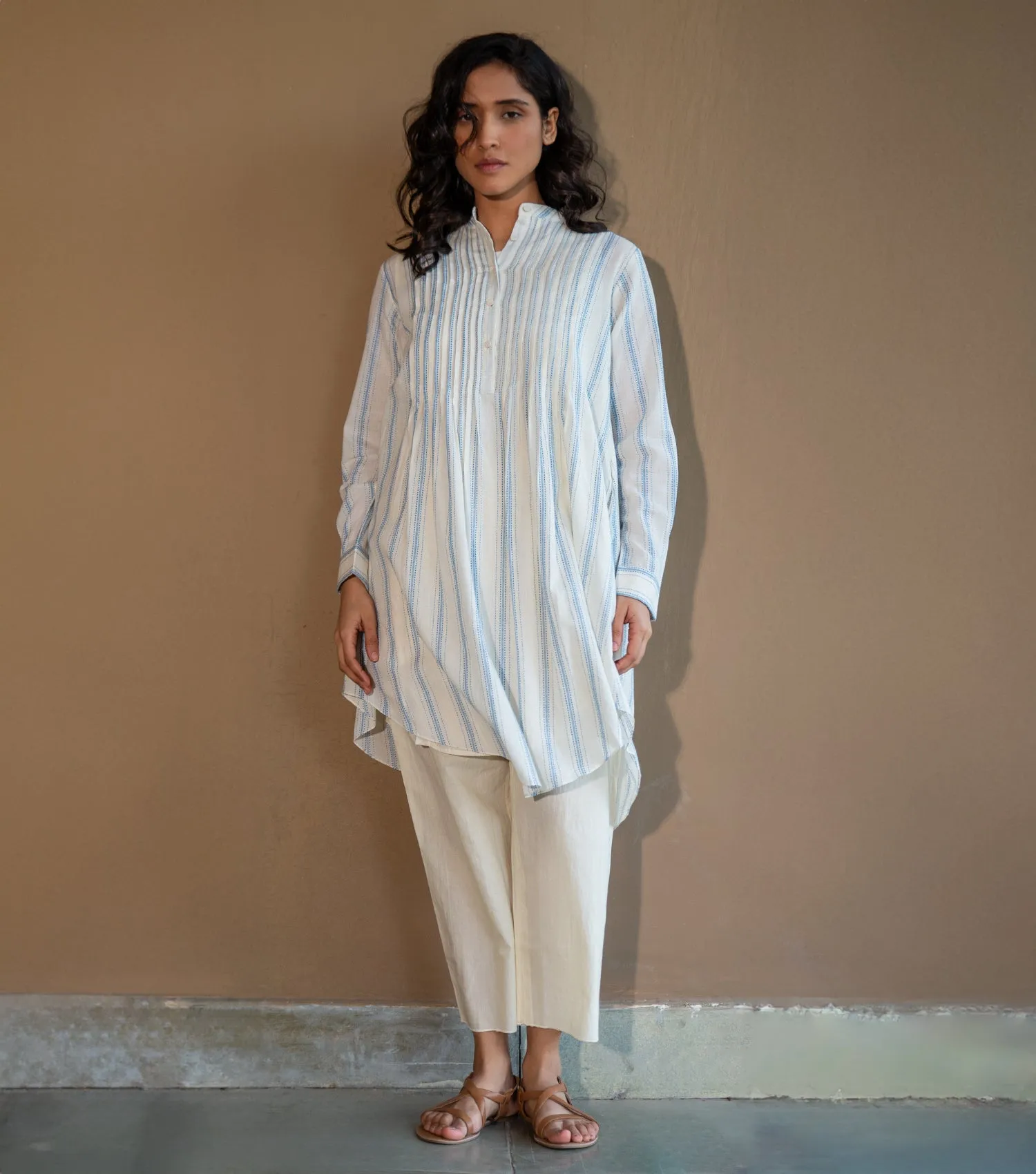 BLUE STRIPED WOVEN COTTON PINTUCK TUNIC