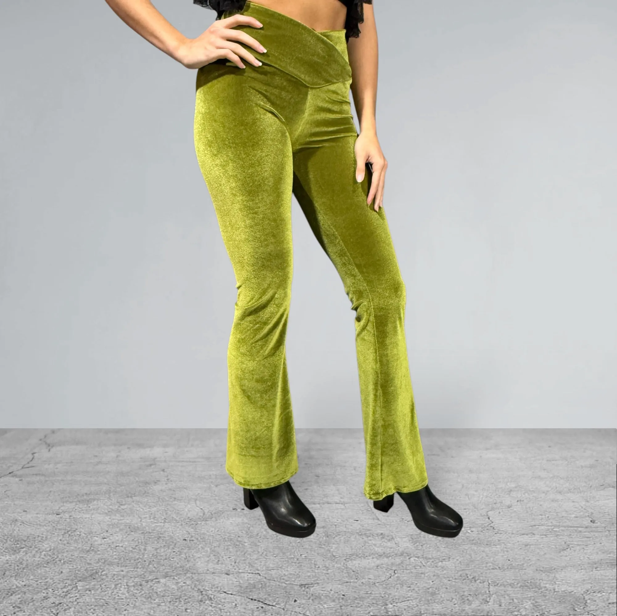 Crossover V-Waist Bootcut Flare Pants - Olive Green Velvet