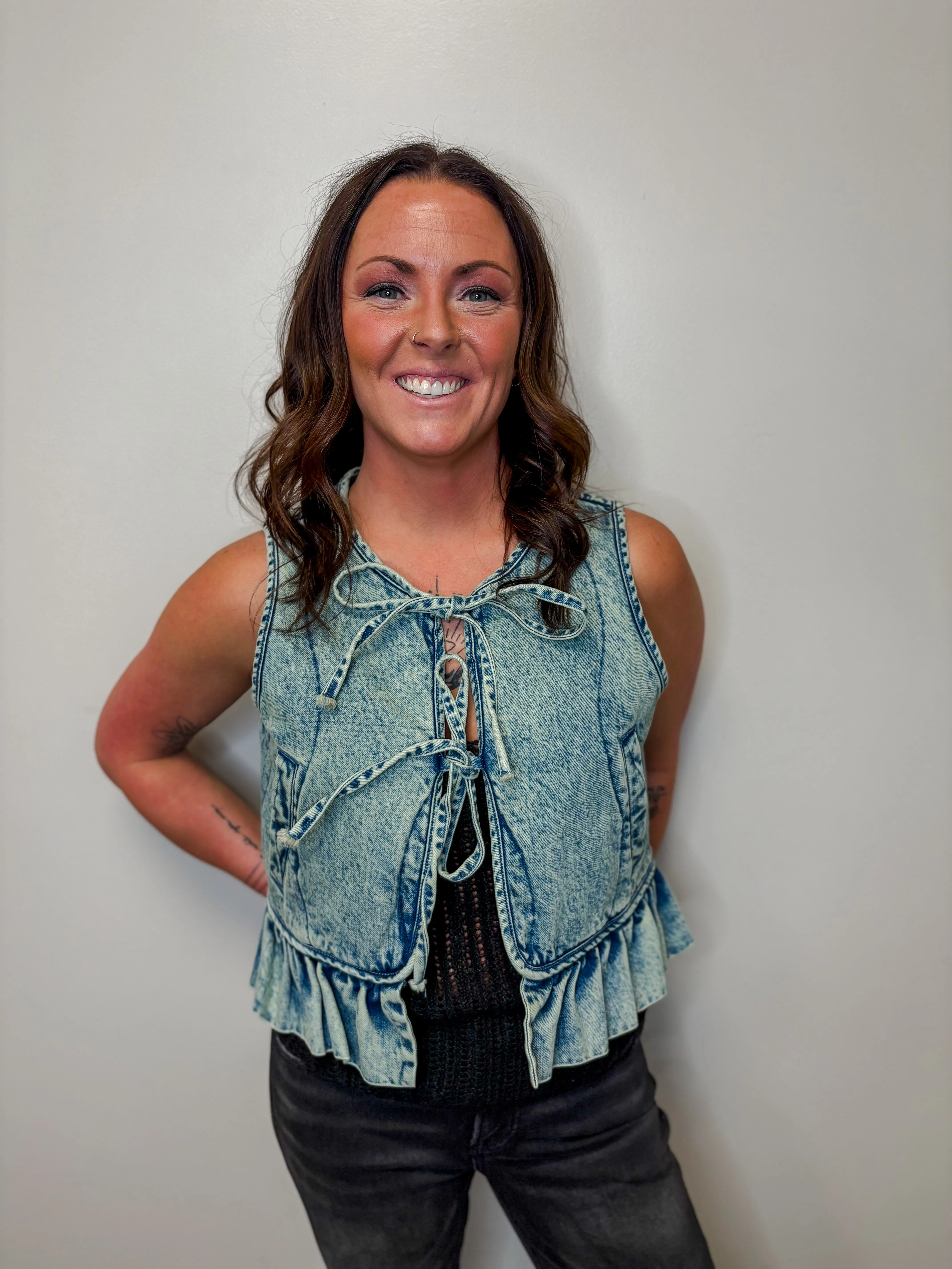 Denim Tie Front Ruffled Vest