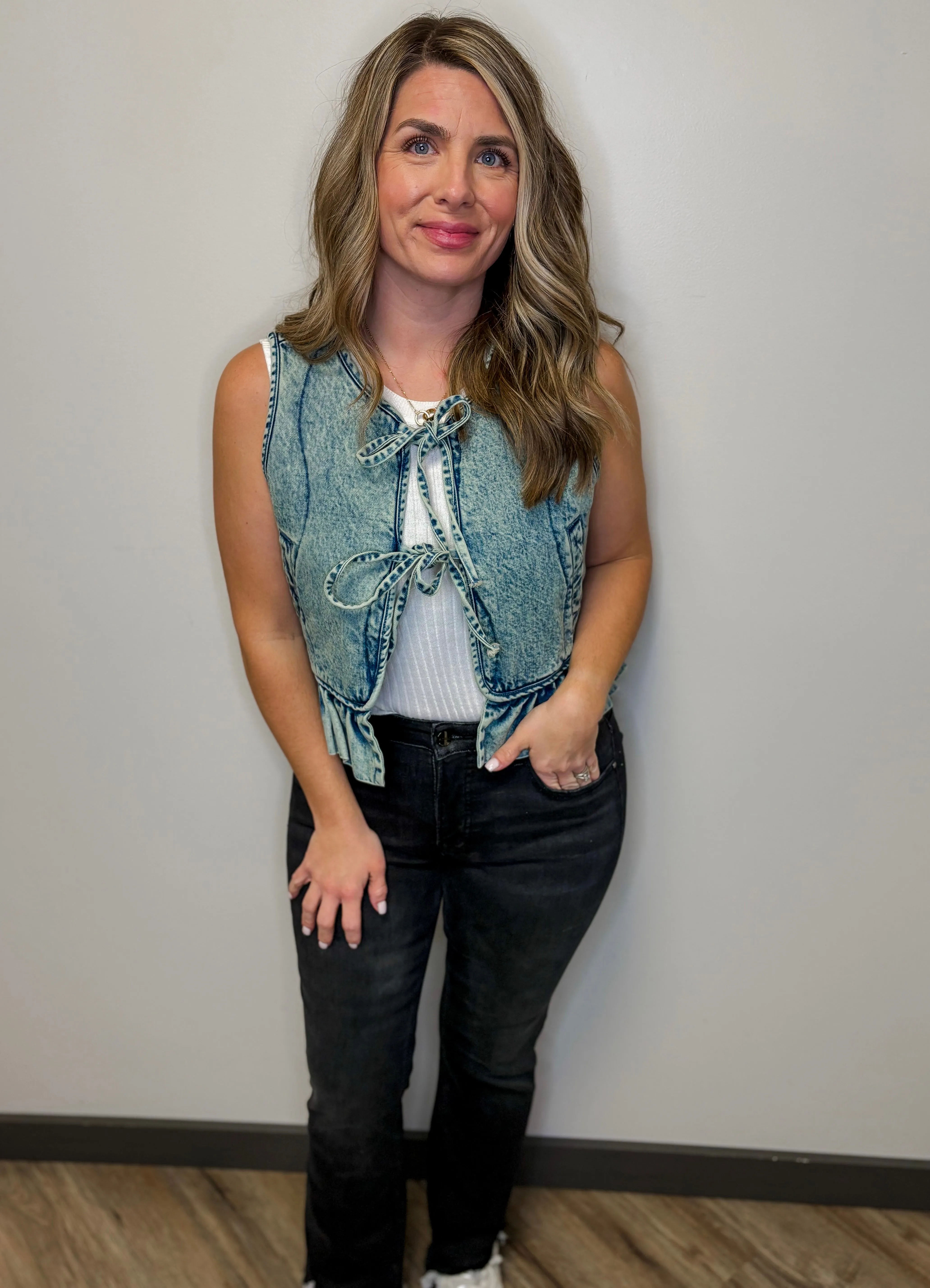Denim Tie Front Ruffled Vest