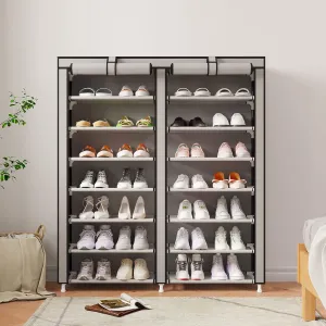 Double Row Portable Nonwoven Fabric Cover Shoe Rack Holds up to 28 Pairs 36.2 x 11.2 x49.2 Inches Grey