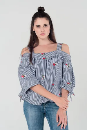 Embroidered cold shoulder striped top in navy
