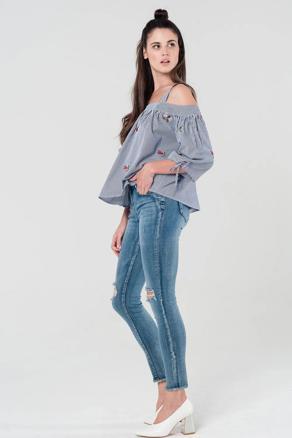 Embroidered cold shoulder striped top in navy