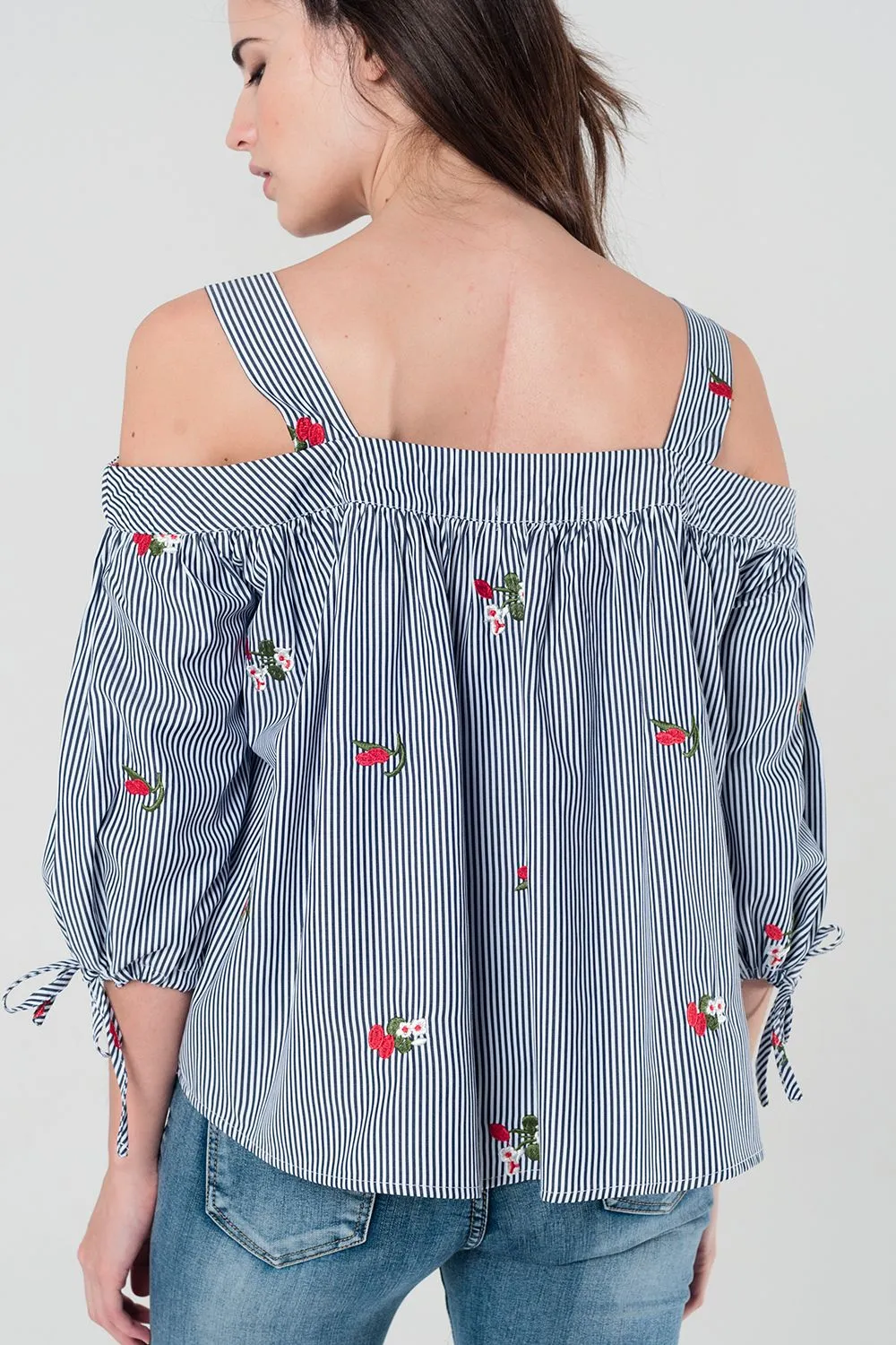 Embroidered cold shoulder striped top in navy