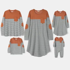 Family Matching Long-sleeve Striped Spliced Dresses and Tops Sets