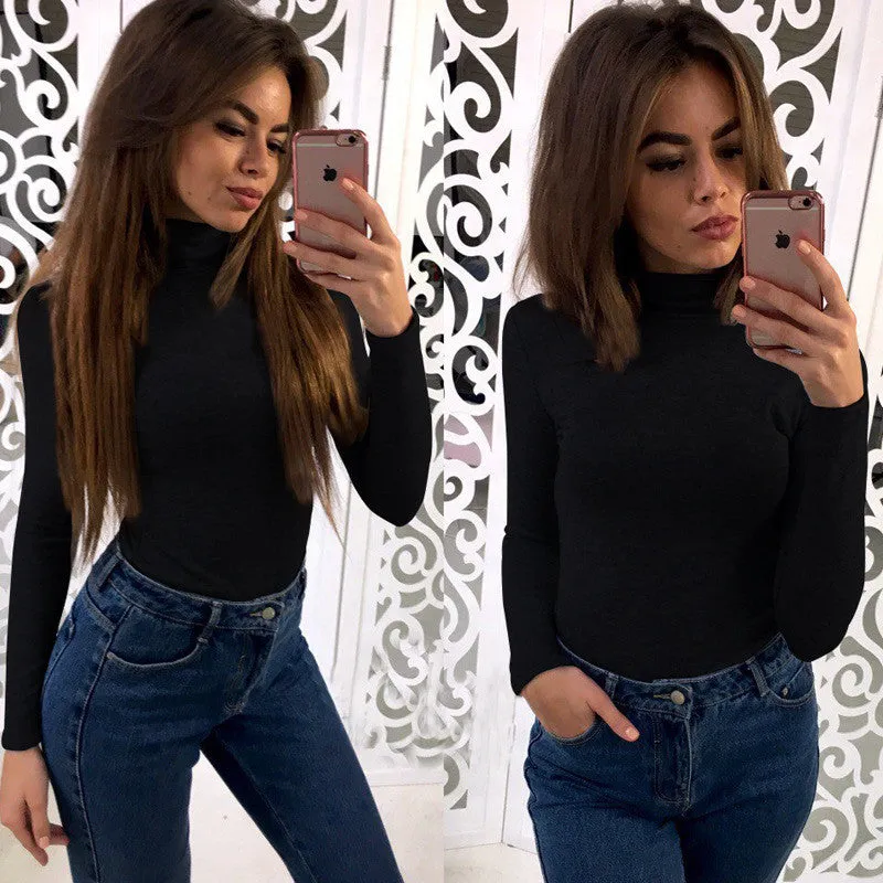 Fashion Pure Color High Neck Long Sleeve Blouse