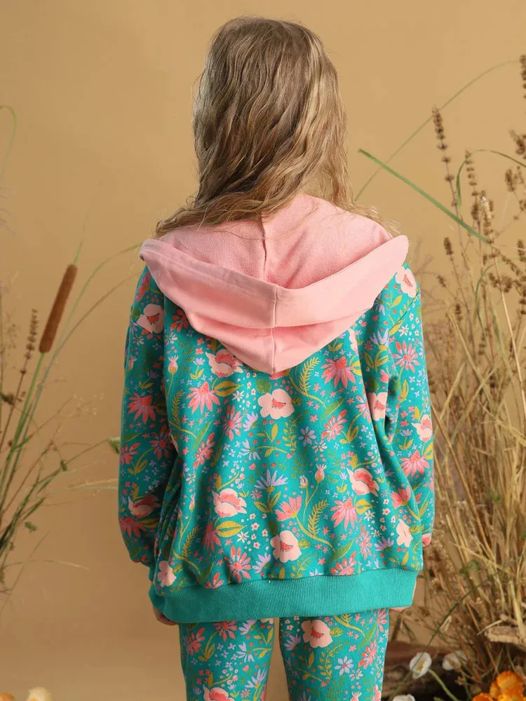 Floral Print Hooded Long Sleeve Jacket For Girls
