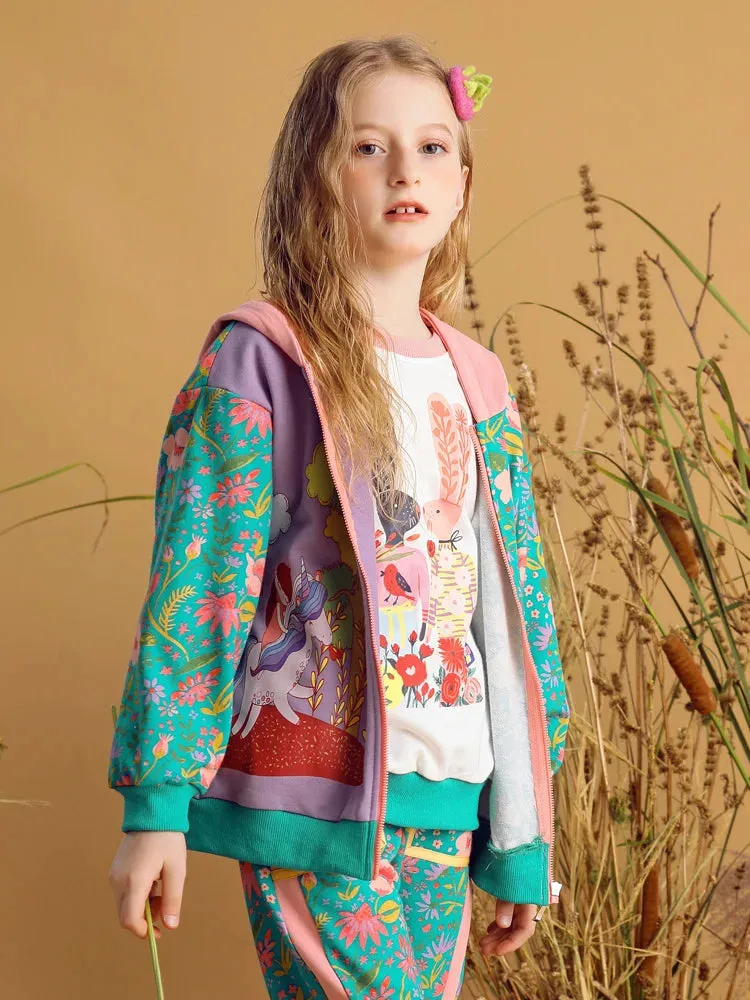 Floral Print Hooded Long Sleeve Jacket For Girls
