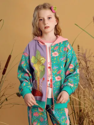 Floral Print Hooded Long Sleeve Jacket For Girls