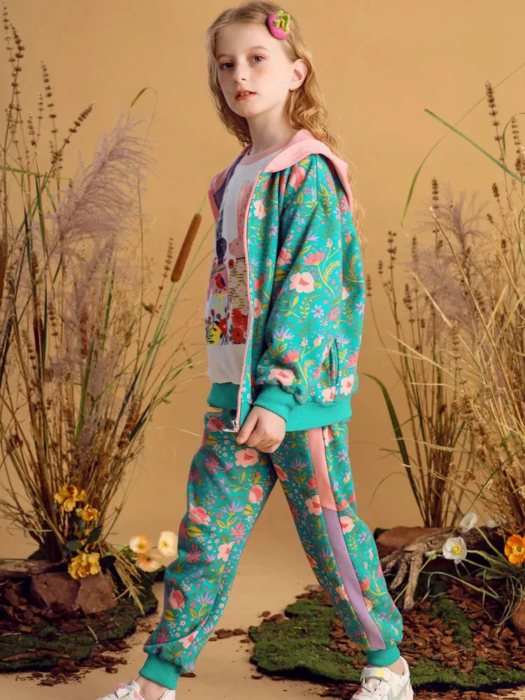 Floral Print Hooded Long Sleeve Jacket For Girls