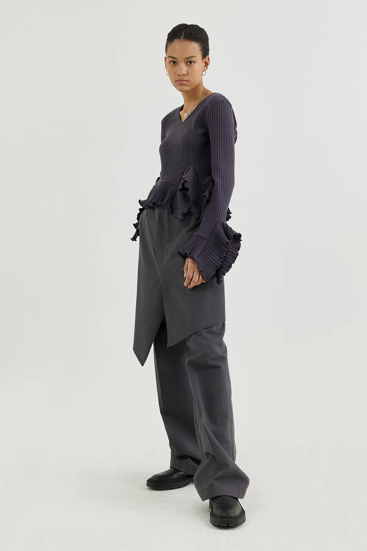 Front layered wrap skirt paneled cotton-twill straight-leg pants